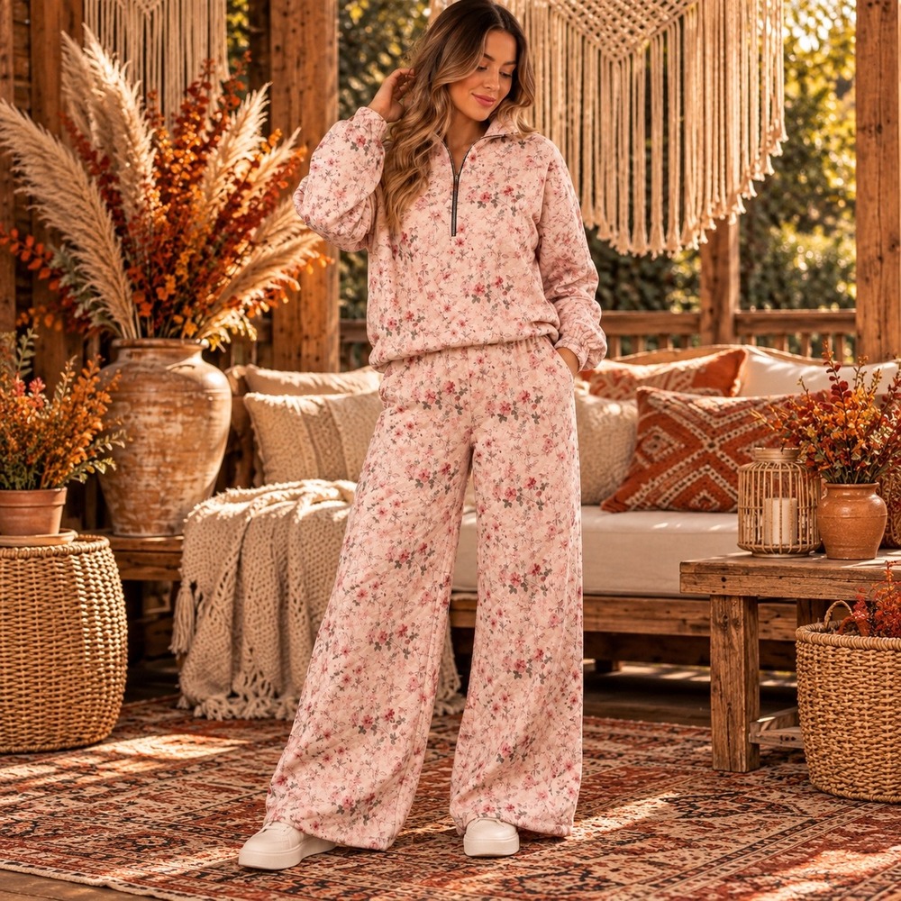 318.New Rareraw Pink Floral Quilted 2 Pcs Set Quarter Zip Pullover Wide Leg Pant